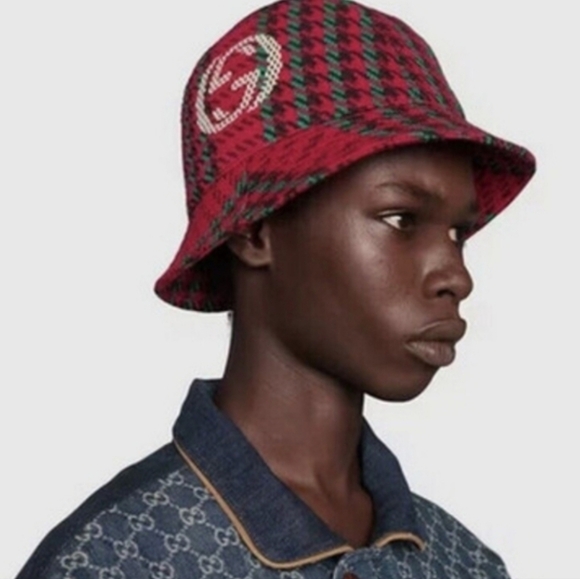 GUCCI TWEED WOOL HOUNDSTOOTH LOGO GG BUCKET FEDORA HAT - Picture 2 of 12